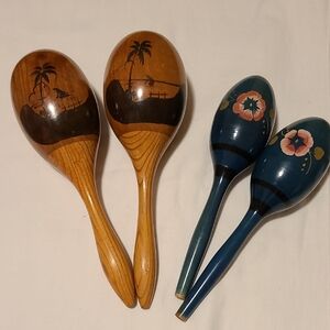 Maracas Wood, 2 Sets, Vintage Tropical Flowers, Music, Decor Beach Party